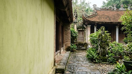 Fototapeta premium Traditional asian temple courtyard with mossy stone guardian statue