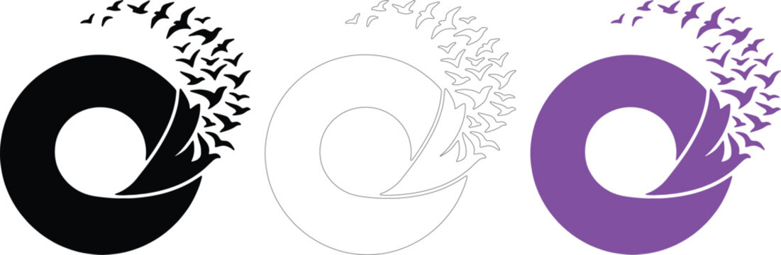 Minimalist Letter O Logo Design with Dispersing Flock of Birds Vector