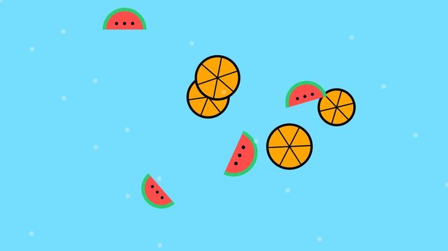 Animated watermelon slices and orange segments floating on blue background