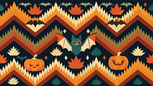 Halloween seamless pattern with pumpkins bats and zigzag chevron background halloween seamless background celebration seasonal illustration wallpaper ornamental decorative backdrop creative