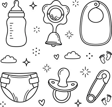 Baby Feeding and Care Line Icon Set with Feeding Bottle Rattle Bell Bib Diaper Pacifier and Safety Pin Maintenance Symbols