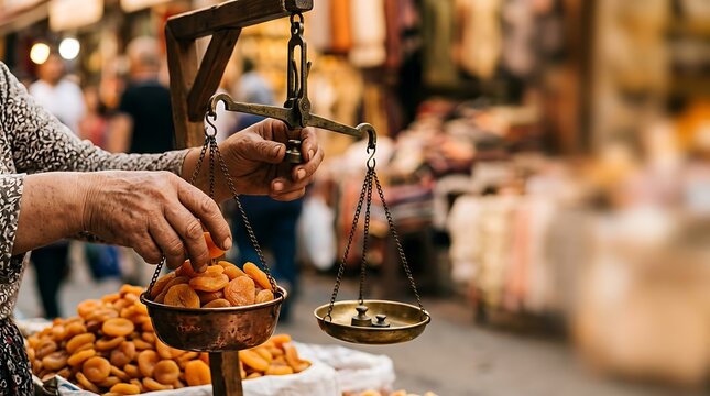 Hands weighing dried apricots on a vintage brass scale