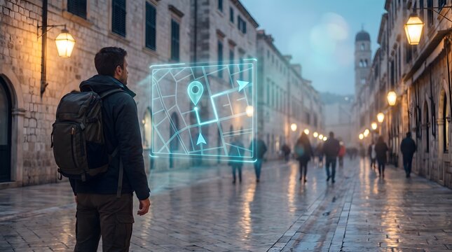 Traveler with holographic navigation map in historic European city street
