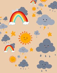 Naklejka premium Cute Cartoon Sun, Cloud and Rainbow Seamless Pattern for Kids