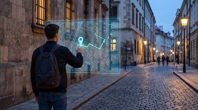 Man using holographic map interface for urban navigation on cobblestone street