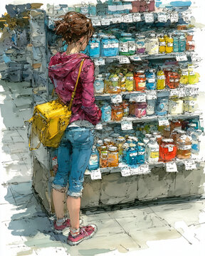 Watercolor painting of a shopper analyzing price tags and features of items on a retail shelf, showcasing consumer behavior insights