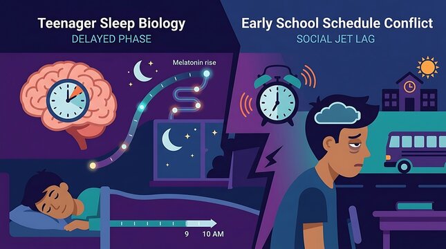 Infographic comparing teenager sleep biology and early school starts