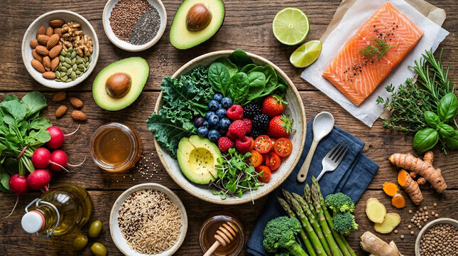 Healthy Diet Food Spread: Salmon, Salad, Fruits, Vegetables, Nuts, Seeds