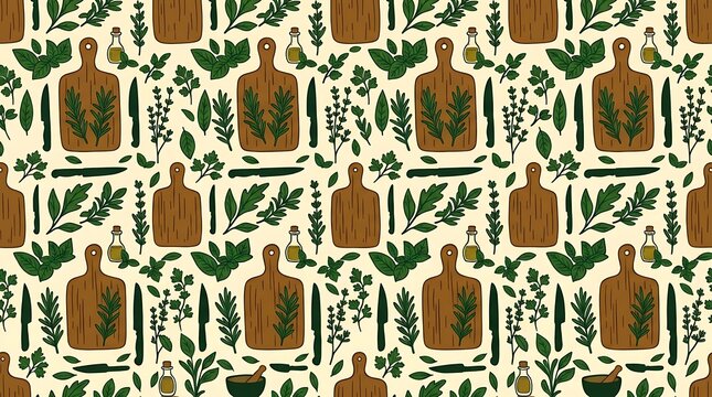 Seamless kitchen pattern with cutting boards herbs and oil bottles