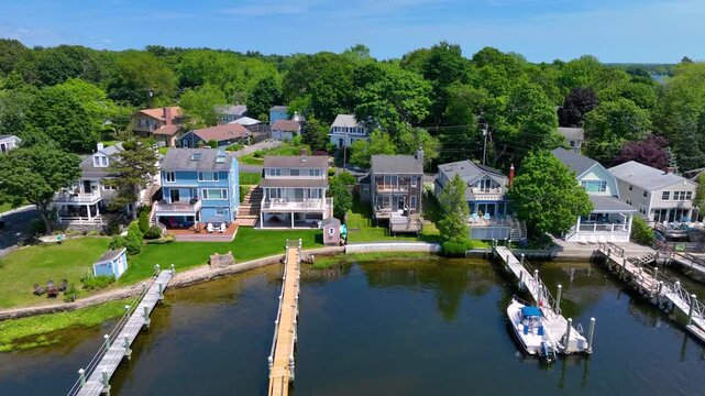 Waterfront residential houses aerial view on Barrington River on Riverview Drive in town of Barrington, Rhode Island RI, USA. 