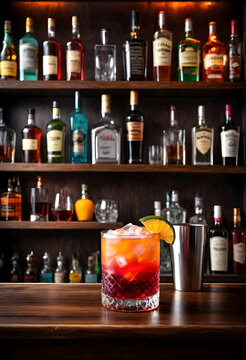 Refreshing layered cocktail with ice and lime garnish on a wooden bar counter with blurred liquor bottles in the background