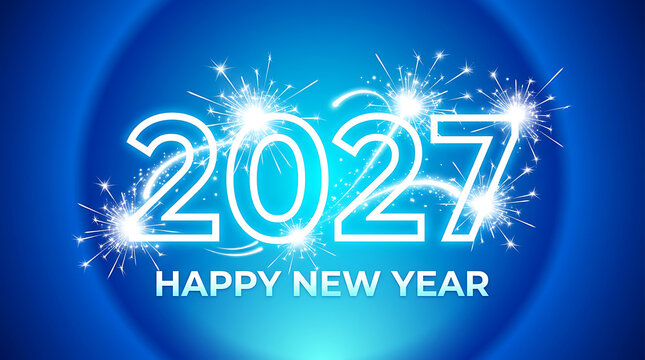2027 Happy New Year glowing text on blue background with sparks