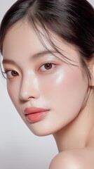 Fototapeta premium A close-up portrait of a woman with glowing skin and natural makeup, exuding calm confidence and beauty.