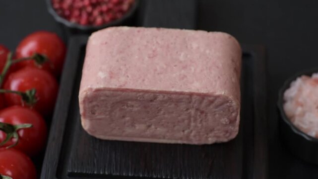 Canned spiced ham slices for holiday sandwiches. Ham slices as a food background for your design
