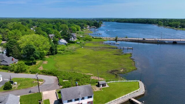 Waterfront residential houses aerial view on Barrington River on Riverview Drive in town of Barrington, Rhode Island RI, USA. 