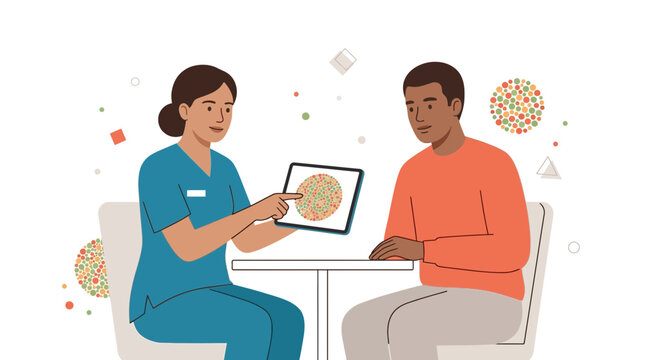 Nurse performing color vision test on patient using Ishihara chart on tablet, eye exam, medical concept