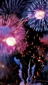 Colorful fireworks exploding in the night sky on a dark background, vertical video featuring vibrant celebrations for New Year, festivals and special events