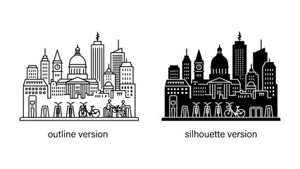 Fototapeta premium Cityscape Line Art and Silhouette: A stylized depiction of an urban skyline, showcasing architectural diversity in both a detailed outline and a bold silhouette.