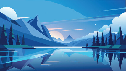 Stylized graphic illustration of a serene mountain valley lake at golden hour with reflections mountains landscape reflection illustration peaceful wilderness outdoors environment tranquil © shachin