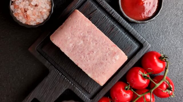 Canned spiced ham slices for holiday sandwiches. Ham slices as a food background for your design