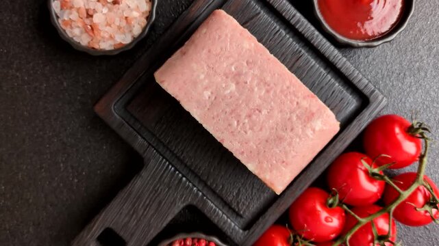 Canned spiced ham slices for holiday sandwiches. Ham slices as a food background for your design