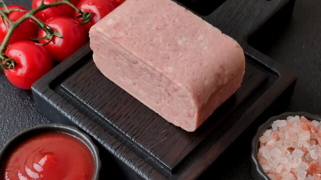 Canned spiced ham slices for holiday sandwiches. Ham slices as a food background for your design