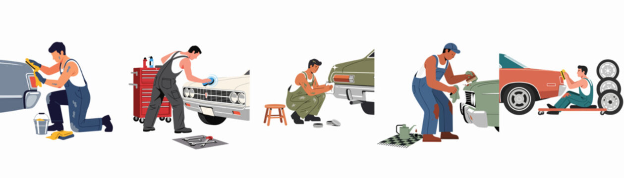 Set of flat vector illustrations showing mechanics and car enthusiasts cleaning, detailing, and repairing classic vintage cars in an auto workshop.