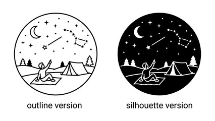 Stargazer's Delight: A person sits outside their tent under a canopy of stars, gazing up at constellations and a shooting star, embodying the wonder of the night sky and outdoor adventure. © sifat