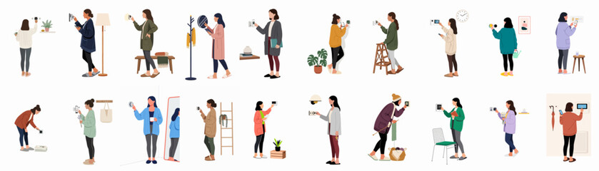 Obraz premium Collection of diverse women interacting with smart home technology, adjusting thermostats and control panels in various domestic settings for energy management and comfort.