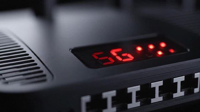 Close-up of a 5G router with pulsating red LED signal indicators. Modern internet modem showing high-speed connectivity. Wireless networking hardware