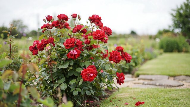 Vibrant red rose bush blooming in a lush garden with greenery and stone path background