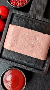 Canned spiced ham slices for holiday sandwiches. Ham slices as a food background for your design