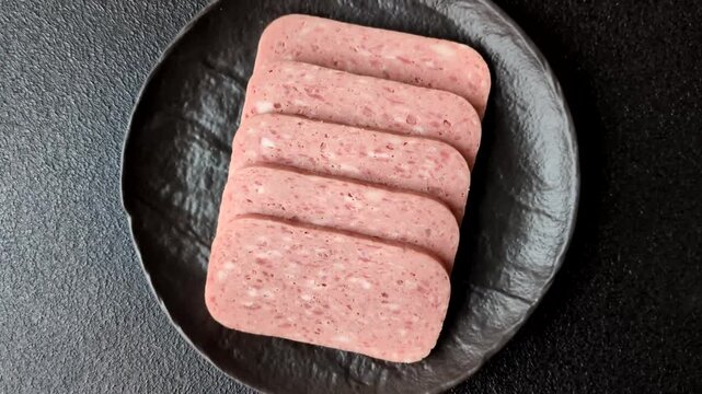 Canned spiced ham slices for holiday sandwiches. Ham slices as a food background for your design