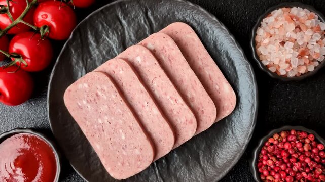 Canned spiced ham slices for holiday sandwiches. Ham slices as a food background for your design