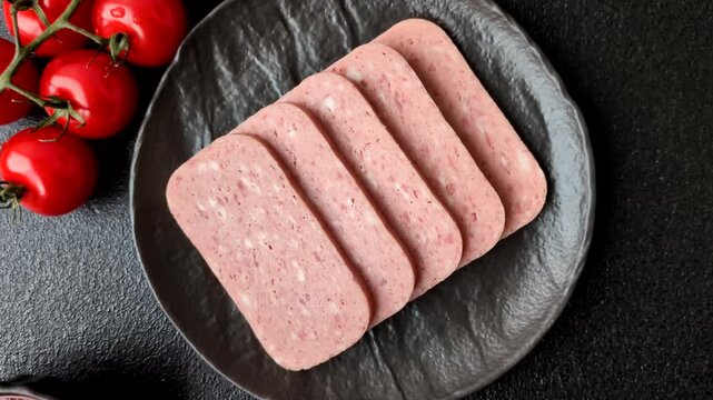 Canned spiced ham slices for holiday sandwiches. Ham slices as a food background for your design
