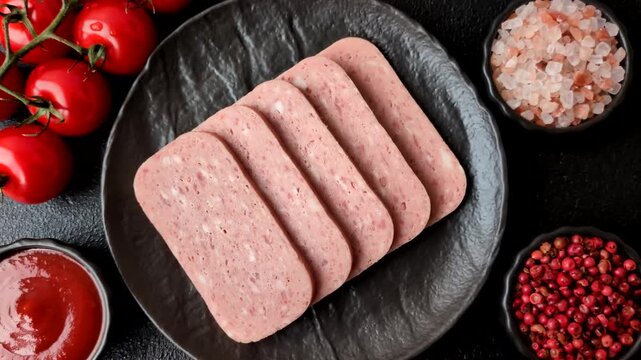 Canned spiced ham slices for holiday sandwiches. Ham slices as a food background for your design