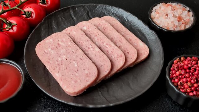 Canned spiced ham slices for holiday sandwiches. Ham slices as a food background for your design