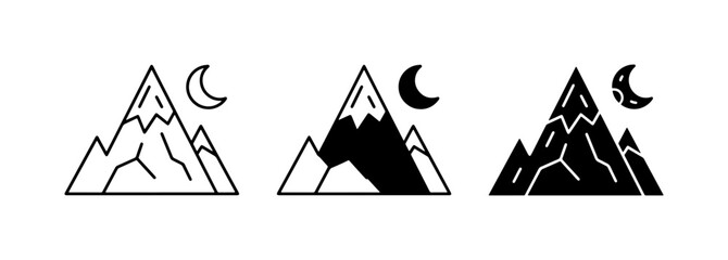 Mountain Icons, Night Sky Landscapes, Crescent Moon Graphics. Set of 3 stylized mountain range vector illustrations with celestial elements for outdoor adventure and nature themes. © Sohana