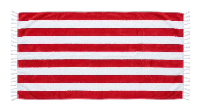 A plush, soft beach towel with bold red and white stripes and fringed edges, laid flat for a clean, overhead studio shot with a bright, summery feel.