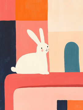 Minimalistic rabbit illustration on a colorful geometric background