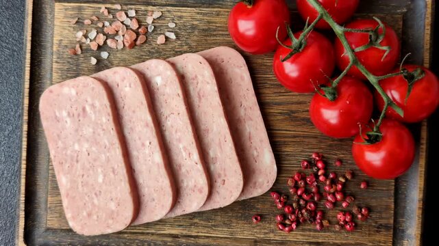 Canned spiced ham slices for holiday sandwiches. Ham slices as a food background for your design