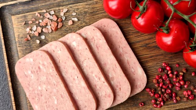 Canned spiced ham slices for holiday sandwiches. Ham slices as a food background for your design