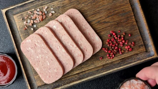 Canned spiced ham slices for holiday sandwiches. Ham slices as a food background for your design