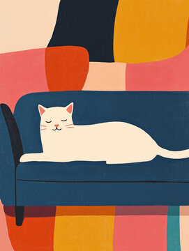 Colorful illustration of a cat lounging on a cozy sofa