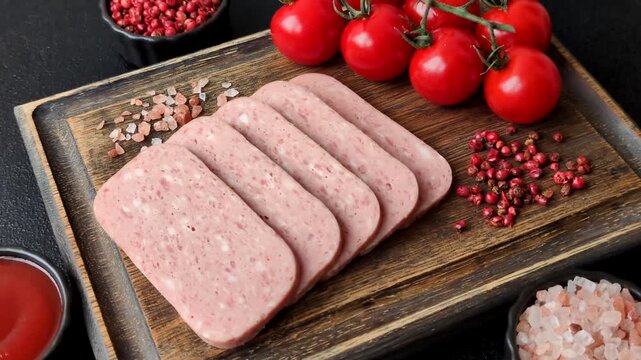 Canned spiced ham slices for holiday sandwiches. Ham slices as a food background for your design