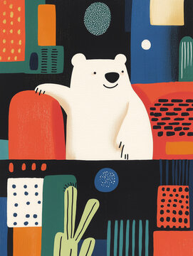 Whimsical bear illustration in modern colorful abstract style