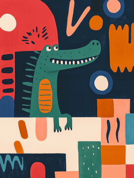Playful crocodile illustration in colorful abstract patterns