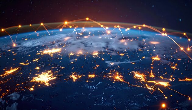 Global network connections over Earth at night from space.