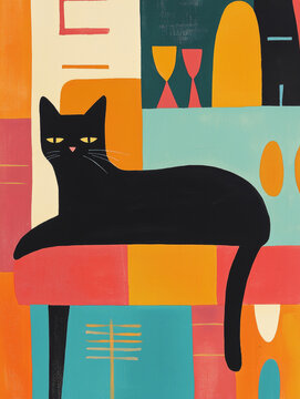 Abstract black cat lounging in vibrant geometric patterns