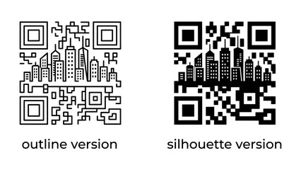 Fototapeta premium QR Code Cityscape Design: Two creative QR codes integrated with urban city skyline illustrations, offering a modern blend of technology and cityscape art in both outline and silhouette styles.